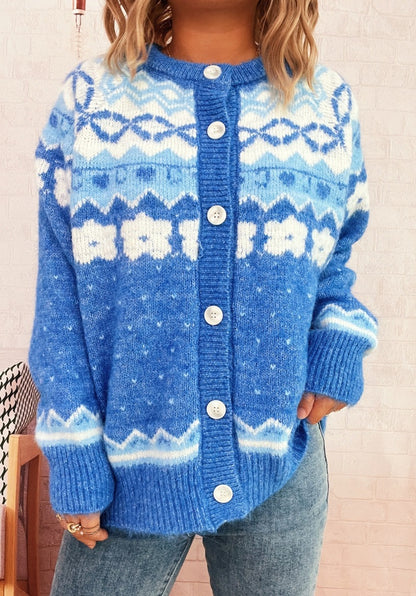 Dames cardigan confortable avec des motifs bleus et fermeture à boutons Chic und Stil
