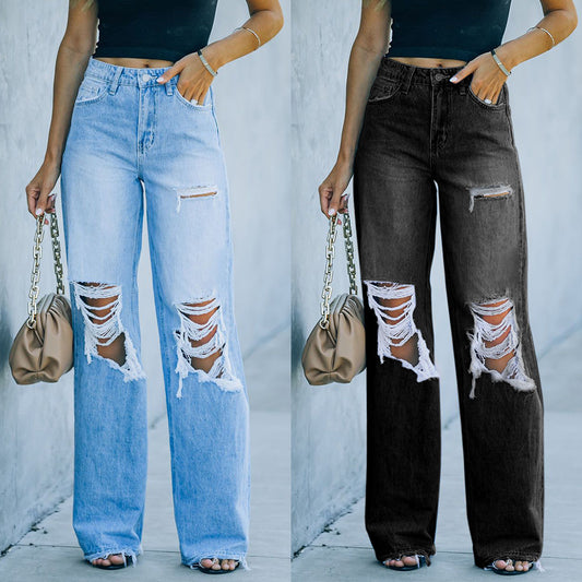 Jean déchiré pour femmes, coupe ample, avec poches hautes et coupe décontractée Chic und Stil