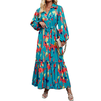 Damen elegantes Maxikleid mit hochgeschlossenem Kragen und farbenfrohem Muster Chic und Stil