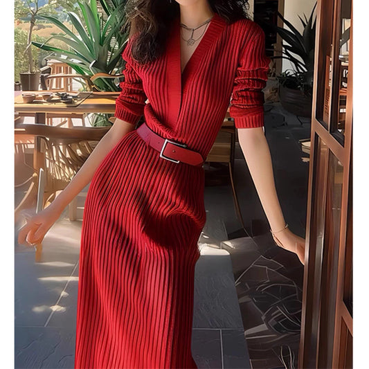 Robe maxi en maille côtelée pour femme avec ceinture à nouer Chic und Stil