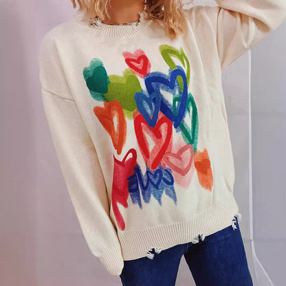 Pull ample de loisirs pour femmes avec motif de cœur coloré et coupe décontractée Chic und Stil