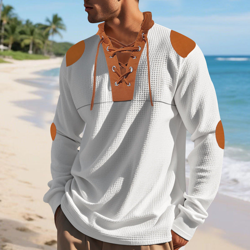 Chemise Henley décontractée à manches longues pour hommes avec un design de lacet original et des patchs de coude contrastants Chic und Stil