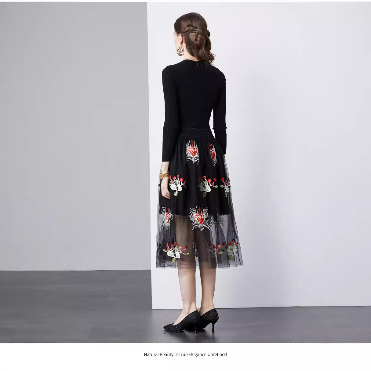 Dames Élégante Robe Midi Brodée Chic und Stil