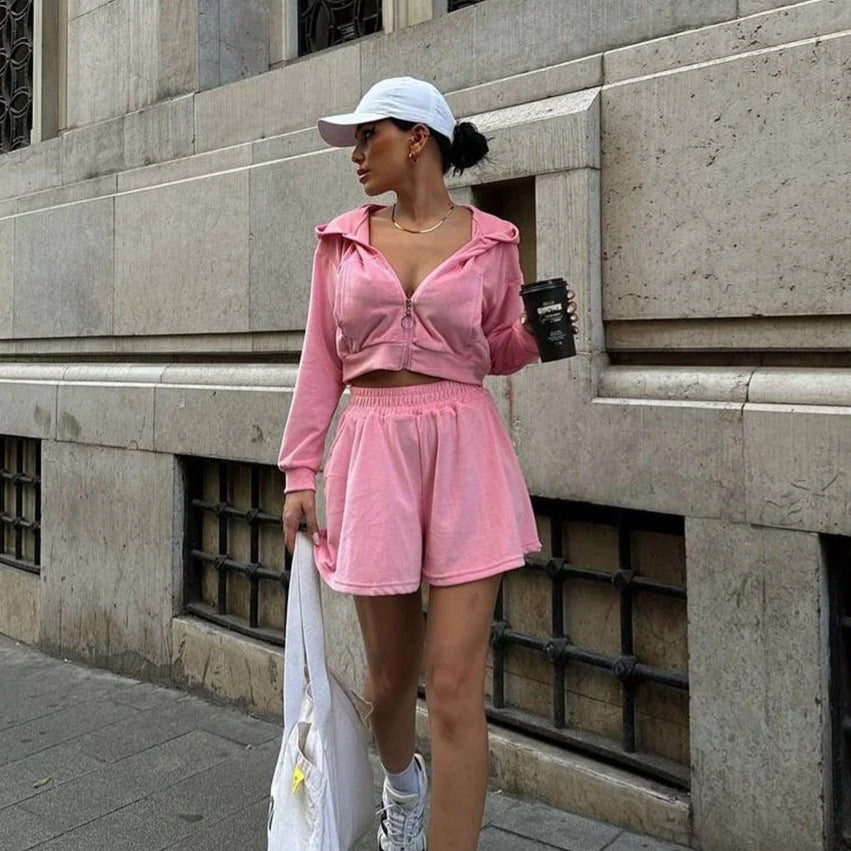 Chic and Style women's cropped velvet hoodie set and leisure shorts