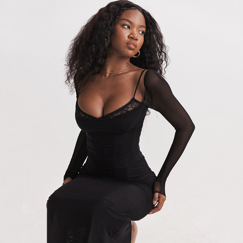 Dames Élégante Robe Maxi avec manches transparentes et bas de robe à volants accentué Chic und Stil