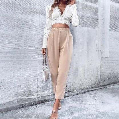 Women Elegant Casual Pants with Comfortable Elastic and Side Pockets Chic and Style