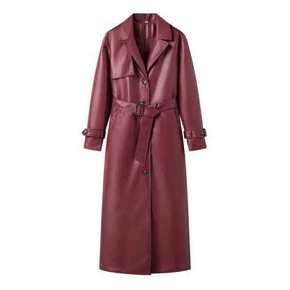 Dames élégante trench-coat en simili cuir avec ceinture et grands revers Chic und Stil