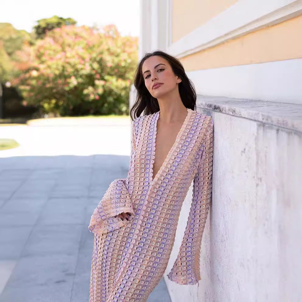 Robe maxi élégante pour femmes avec décolleté en V profond et manches larges Chic und Stil