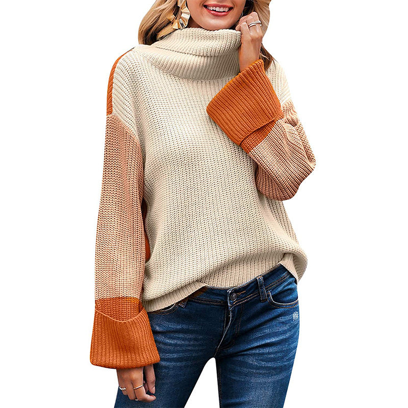 Pull en grosse maille pour femmes avec col haut et manches contrastantes Chic und Stil