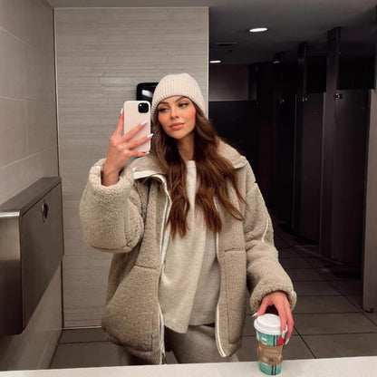 Women's comfortable plush jacket with high collar, chic and stylish