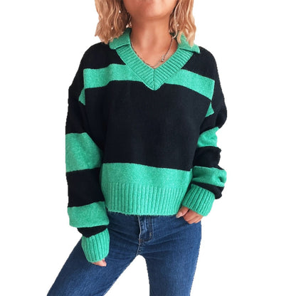 Pull en tricot pour femmes avec des rayures tendance et un col en V Chic und Stil