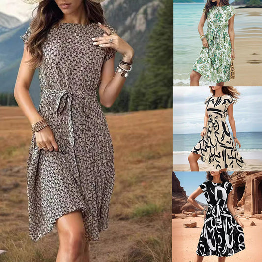 Femmes Robe Midi Élégante avec Ceinture à Liens Chic und Stil