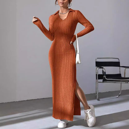 Robe côtelée à manches longues pour femmes avec fente et col Chic und Stil