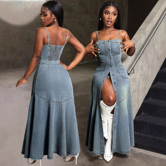 Robe maxi en denim pour femmes avec détails de boutons et haut ajusté Chic und Stil