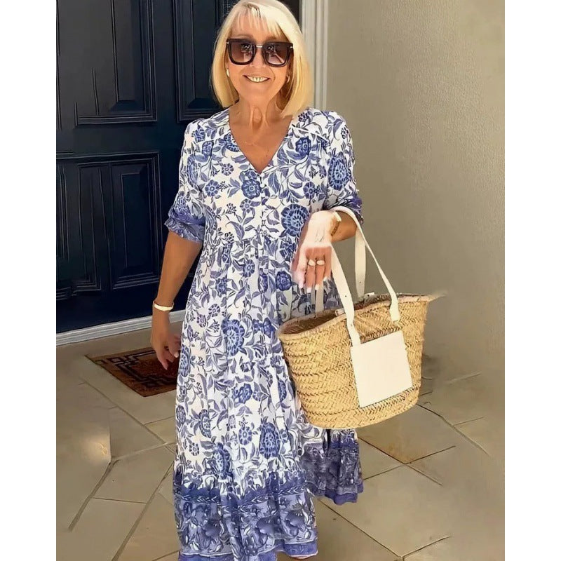 Robe évasée à motifs floraux pour femmes avec taille plissée Chic und Stil