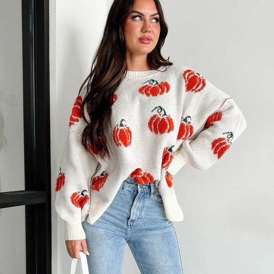 Pull-over en tricot pour femmes avec motif de citrouille Chic und Stil