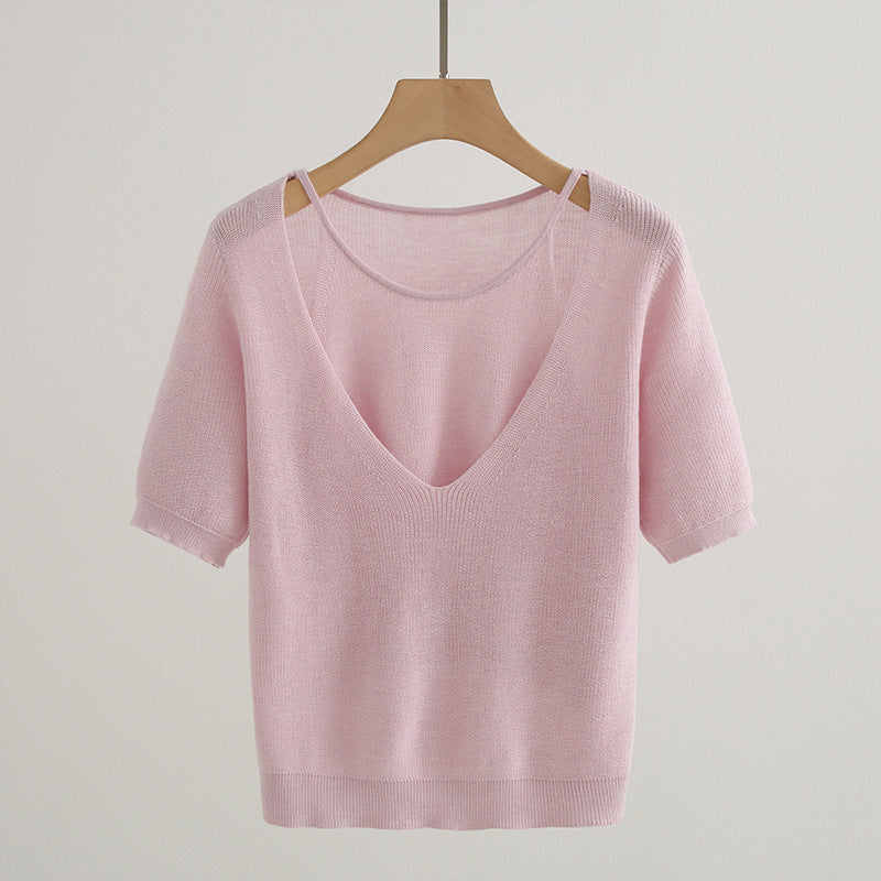 Pull en tricot à col V décontracté pour femme à manches courtes Chic und Stil