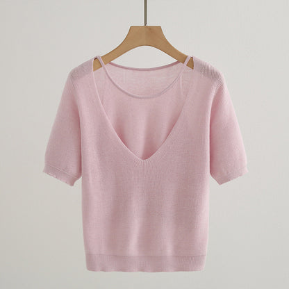 Pull en tricot à col V décontracté pour femme à manches courtes Chic und Stil
