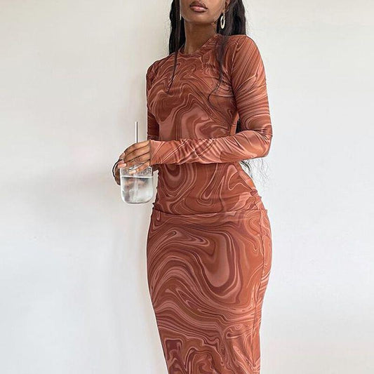 Robe élégante à manches longues pour femmes avec un motif marbré moderne et une coupe cintrée Chic und Stil