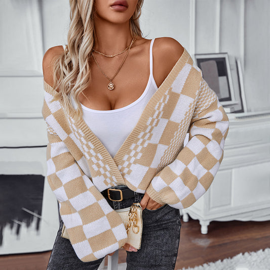 Cardigan décontracté pour femmes à motif à carreaux tendance Chic und Stil