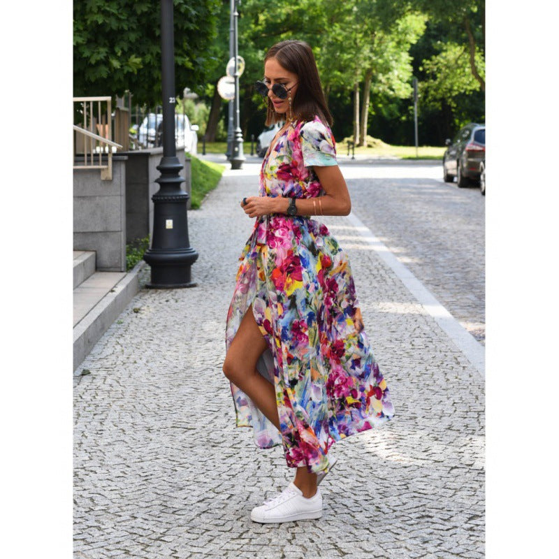 Robe maxi portefeuille à fleurs Chic und Stil pour femmes