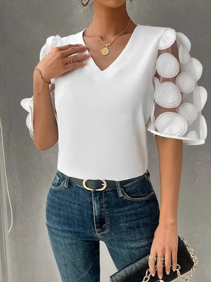 Dames Haut élégant avec des manches bouffantes transparentes et un décolleté en V Chic und Stil