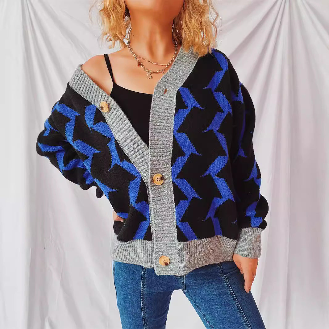 Dames gros tricot cardigan avec motif graphique et détails de boutons de haute qualité Chic und Stil