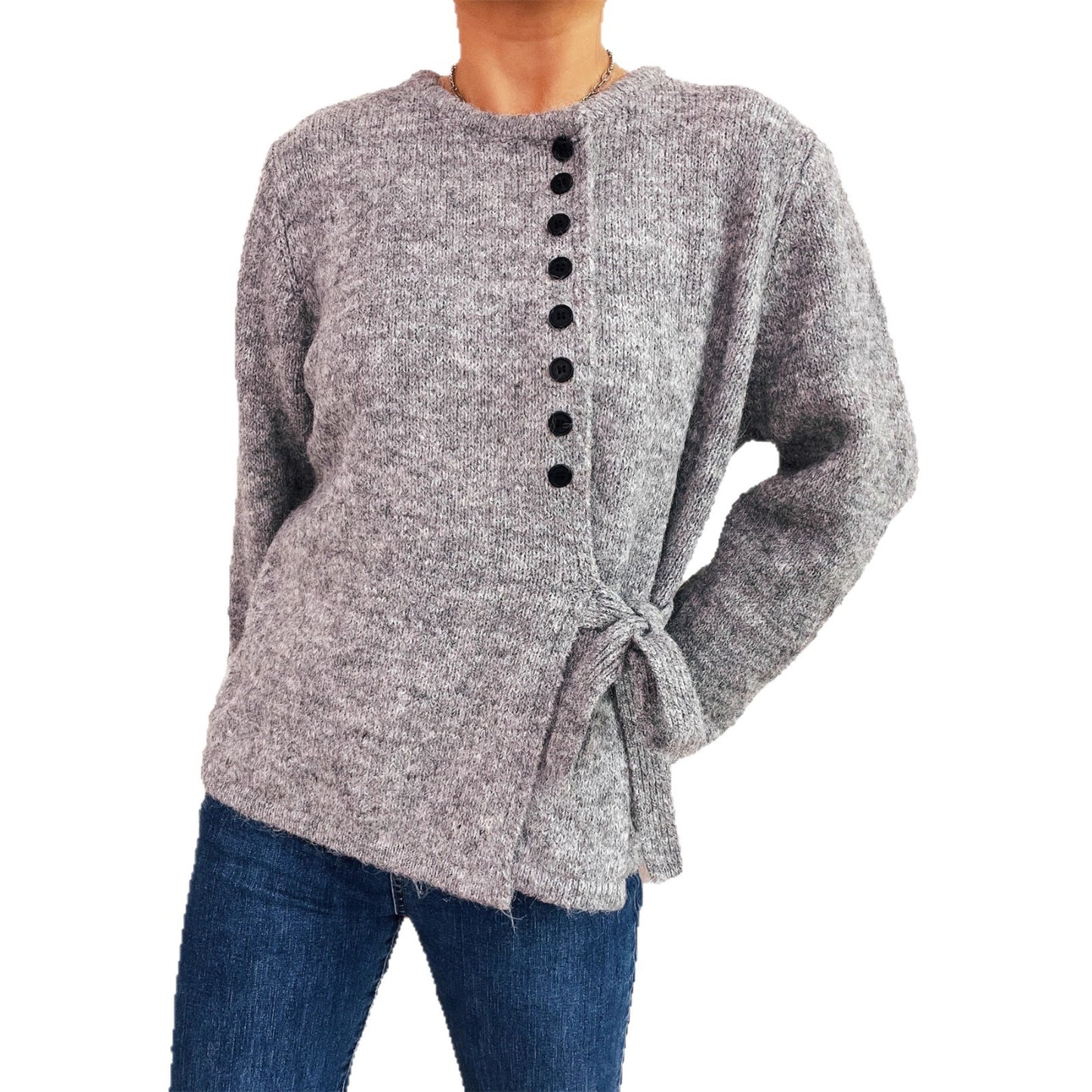 Dames Pull en V laine douillet avec ceinture élégante et détails de boutons modernes Chic und Stil