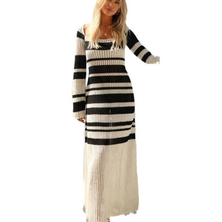 Robe maxi en tricot pour femmes avec un motif rayé à la mode et des manches élégantes Chic und Stil