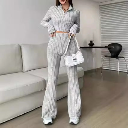 Modern knit set for ladies with cropped top and wide pants Chic and Style