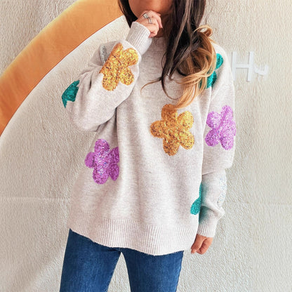 Pull en tricot pour femmes avec des fleurs scintillantes colorées Chic und Stil