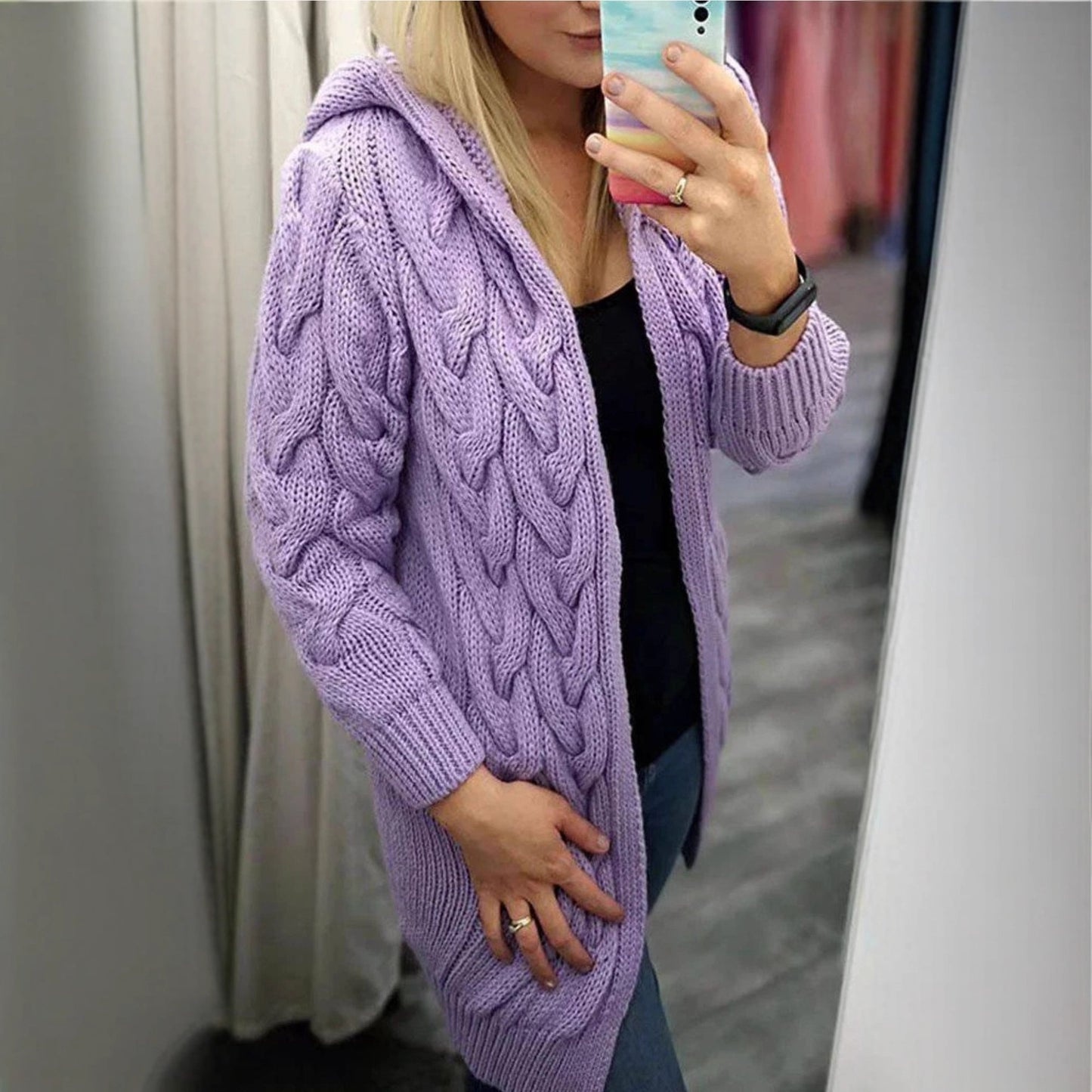 Dames Gros Tricot Cardigan avec Capuche et Motif en Relief Chic und Stil