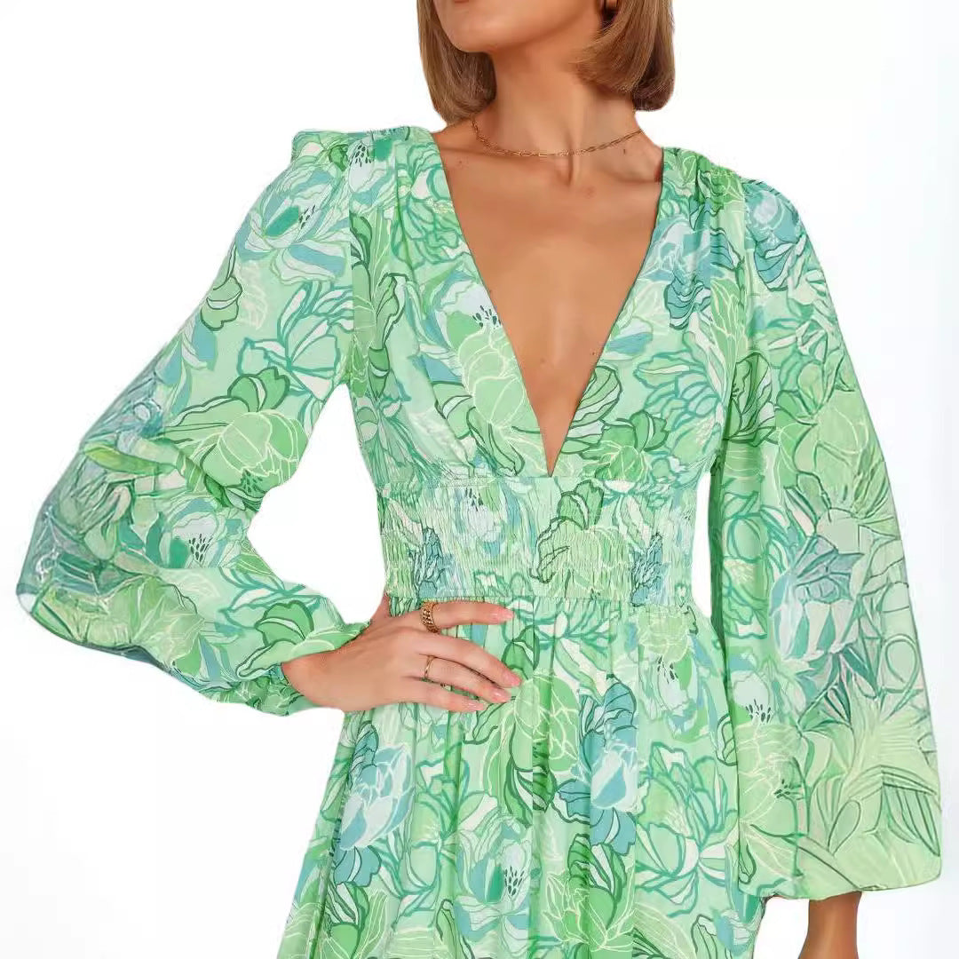 Robe d'été à motifs floraux pour femmes avec décolleté en V profond et manches bouffantes Chic und Stil