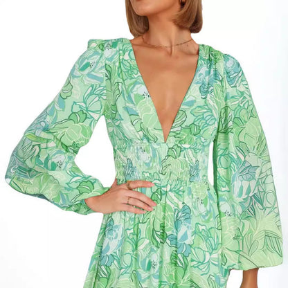 Robe d'été à motifs floraux pour femmes avec décolleté en V profond et manches bouffantes Chic und Stil