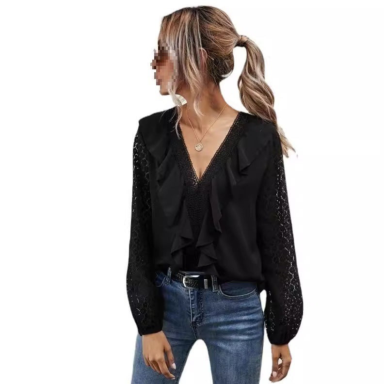 Blouse à volants pour femmes avec manches transparentes et délicats accents en dentelle Chic und Stil