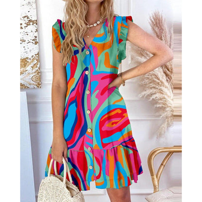Robe d'été décontractée à bouton pour femme avec des manches évasées Chic und Stil