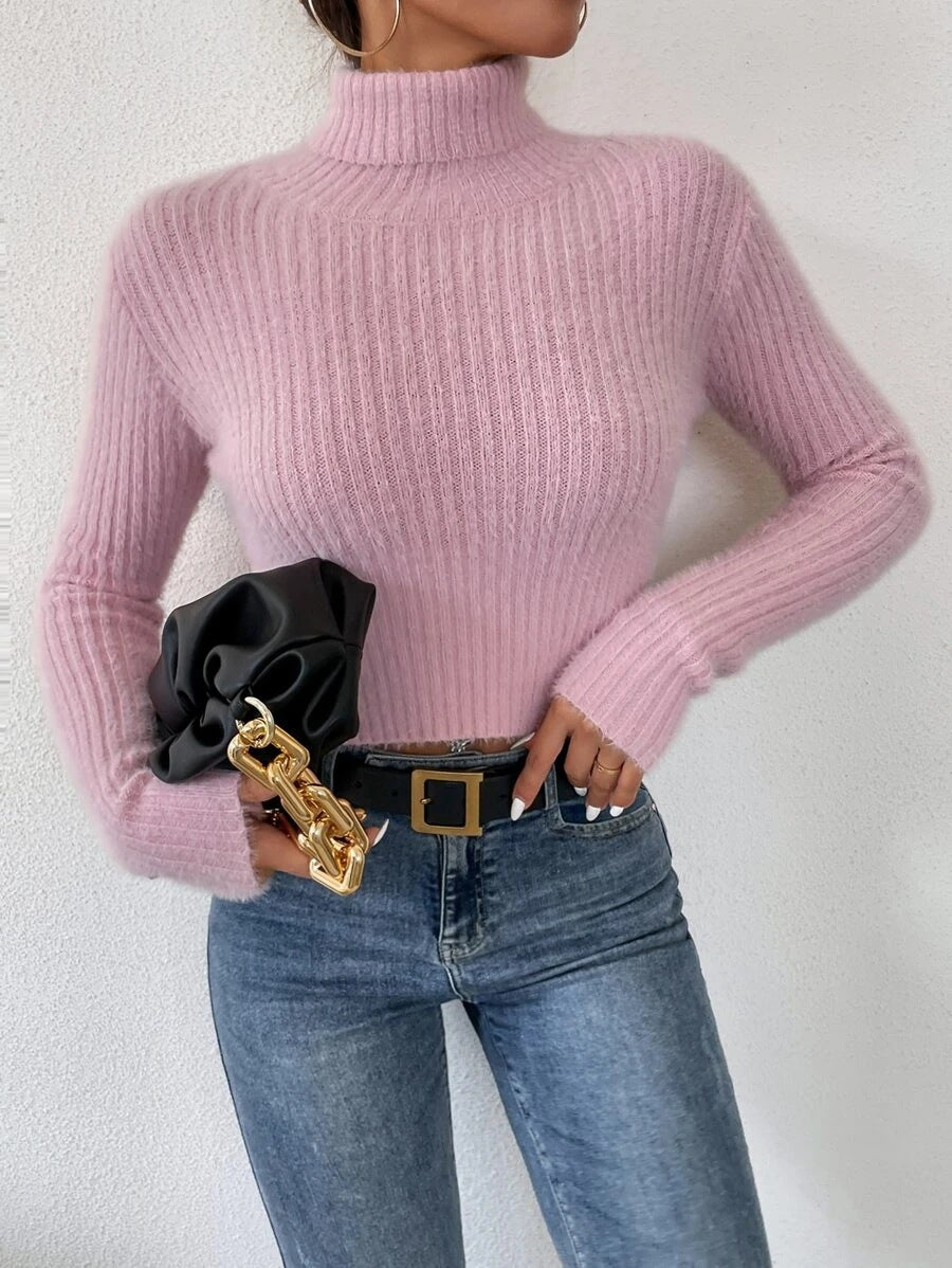 Dames pull fin en tricot avec col montant et design à côtes moderne Chic und Stil