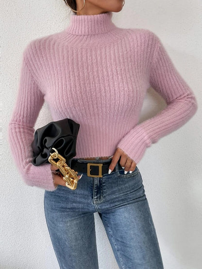 Dames pull fin en tricot avec col montant et design à côtes moderne Chic und Stil