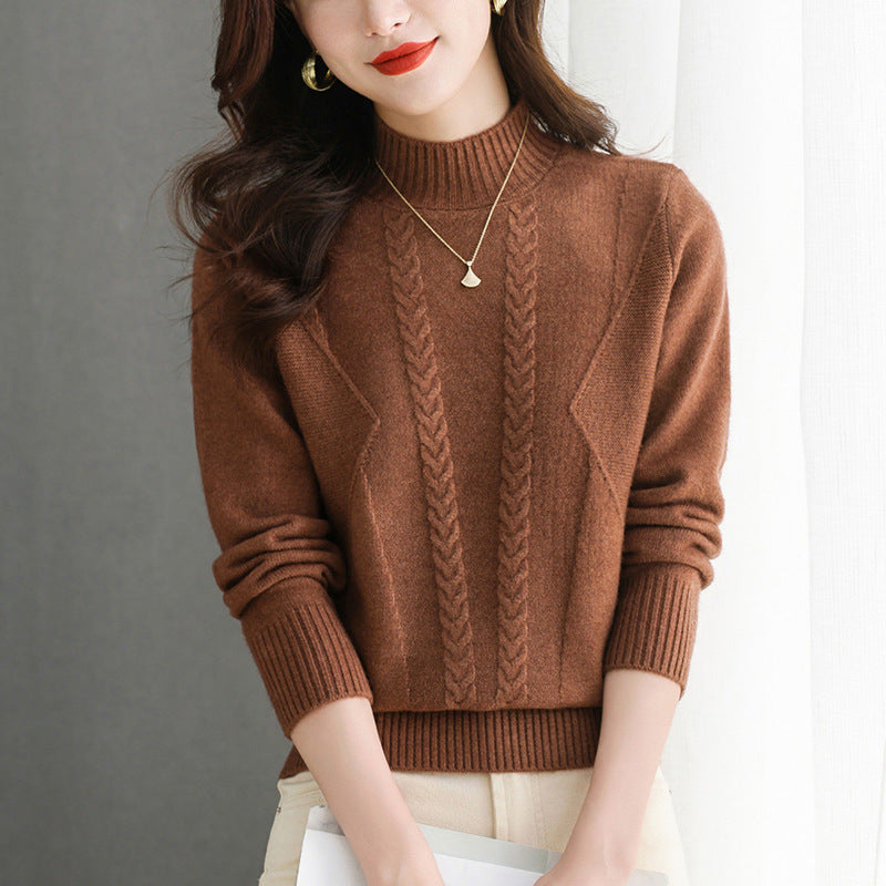 Pull femme en gros tricot avec un élégant motif torsadé et un col haut Chic und Stil