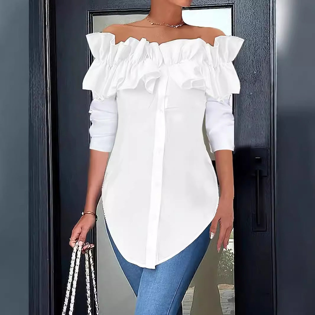 Chemisier femme épaules nues avec volants et patte de boutonnage Chic und Stil