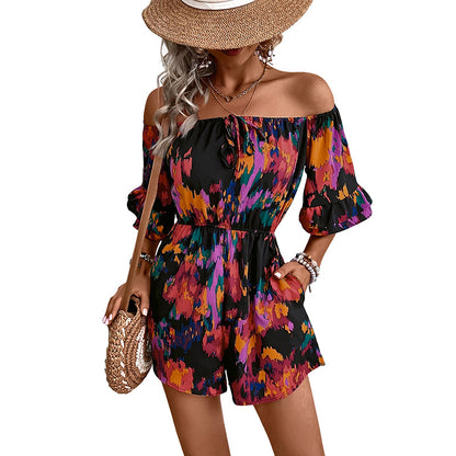 Ladies off-shoulder floral pattern combi-shorts Chic and Style