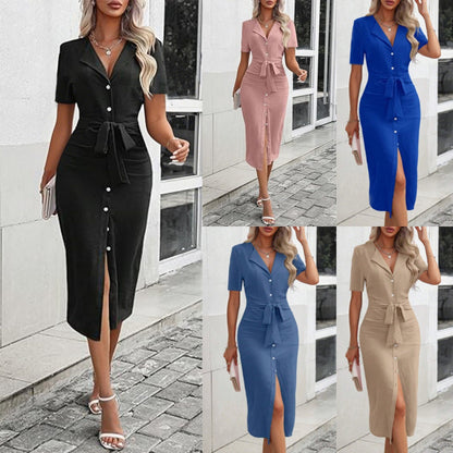 Robe midi élégante pour femmes avec détails de boutons et ceinture à la taille Chic und Stil