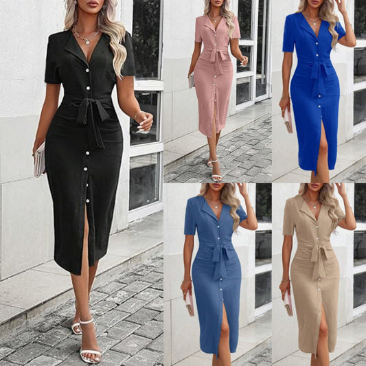 Robe midi élégante pour femmes avec détails de boutons et ceinture à la taille Chic und Stil
