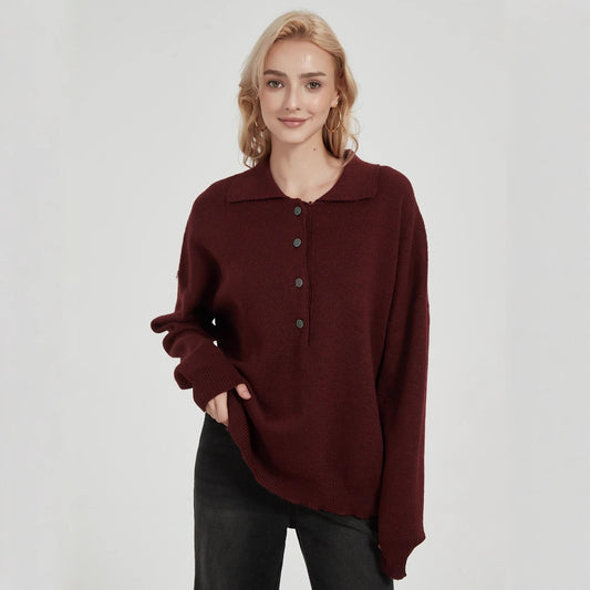 Dames oversized tricot pull avec col élégant et détails de boutons Chic und Stil