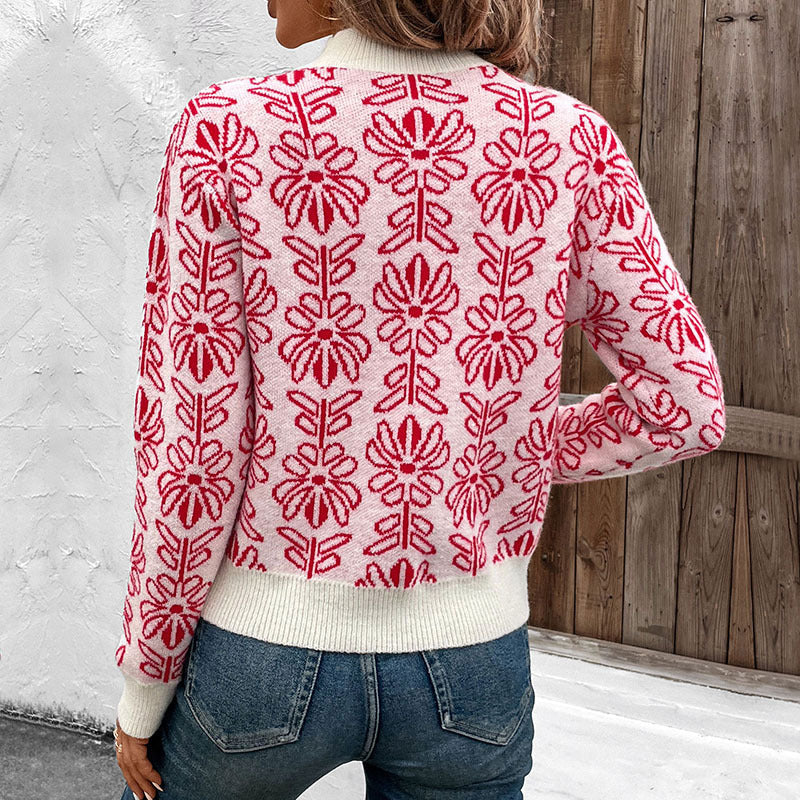 Pull en tricot pour femmes avec des motifs floraux et un élégant col montant Chic und Stil