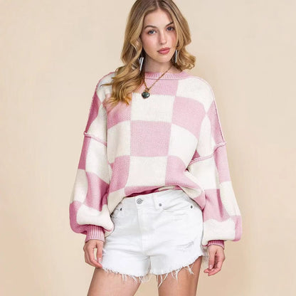 Pull oversized pour femmes à motif écossais et manches volumineuses Chic und Stil