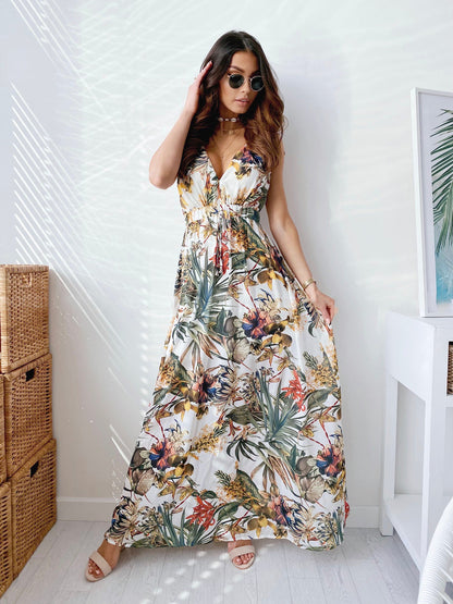Robe maxi pour femmes avec impression tropicale et détail frontale drapé Chic und Stil