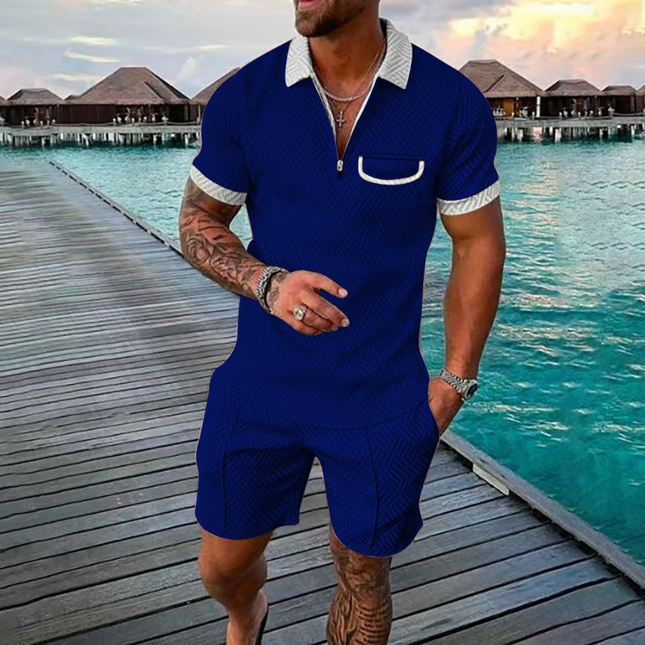 Ensemble polo à manches courtes à motif pour hommes et shorts Chic und Stil