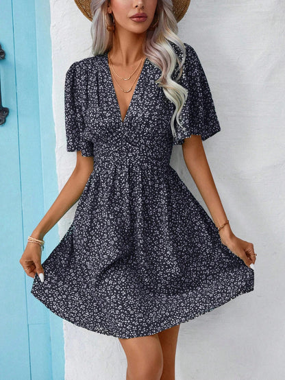 Women's Snowflake Pattern V-Neck Dress with Voluminous Sleeves and Elastic Waistband Chic und Stil
