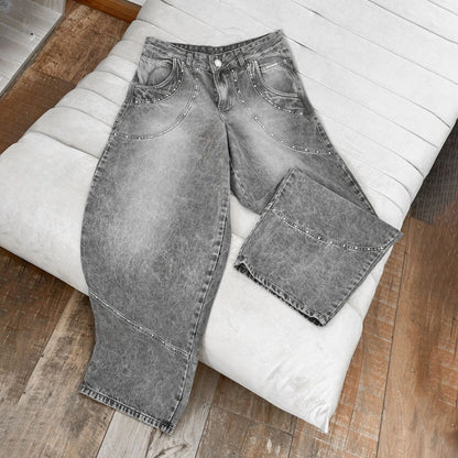 Ladies loose denim pants with jewelry details Chic and Style